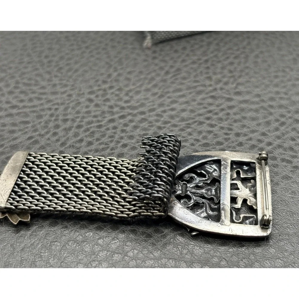Vintage Silver Tone Ornate Baroque Mesh Brooch Pin with Shell Charm